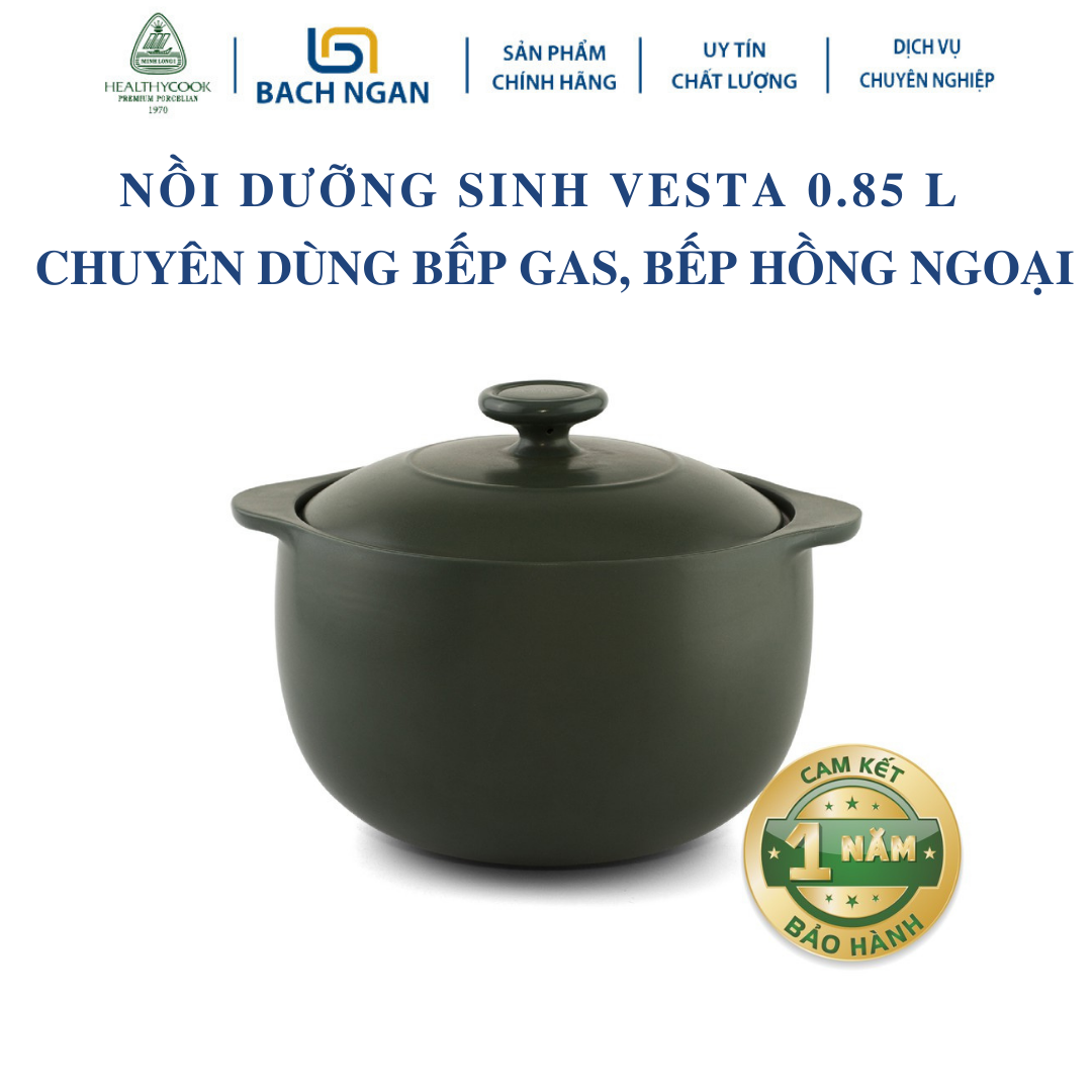 Nồi Sứ Dưỡng Sinh Minh Long Vesta 0.85 L dùng Bếp Ga, Hồng Ngoại có nắp đậy, tráng men màu sứ xanh rêu, có thể kho cá, hầm cháo - nồi đất