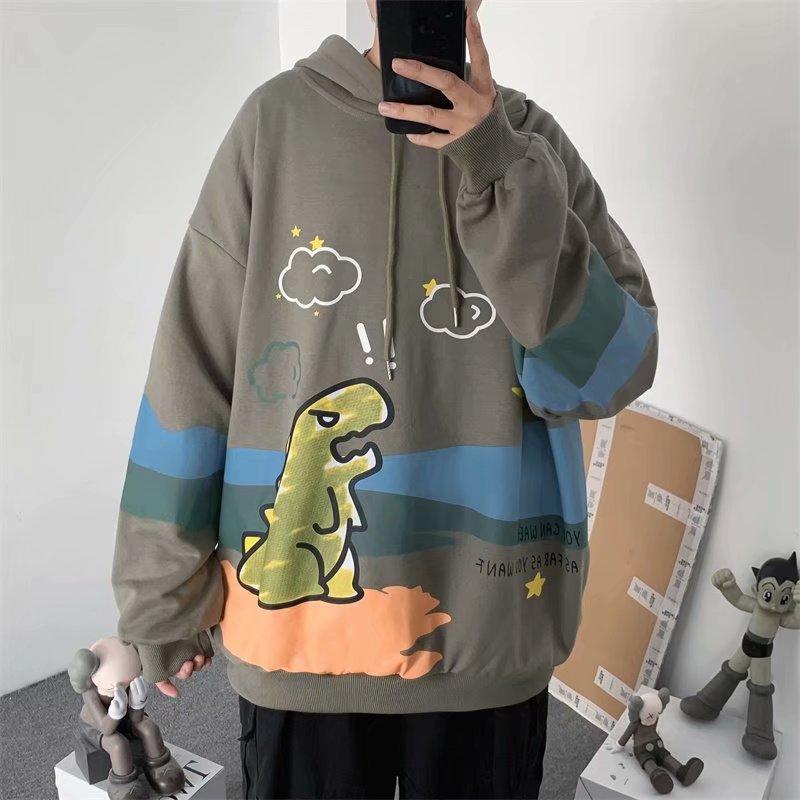 Áo hoodie tay dài dáng rộng in hình khủng long gồm 4 màu sắc