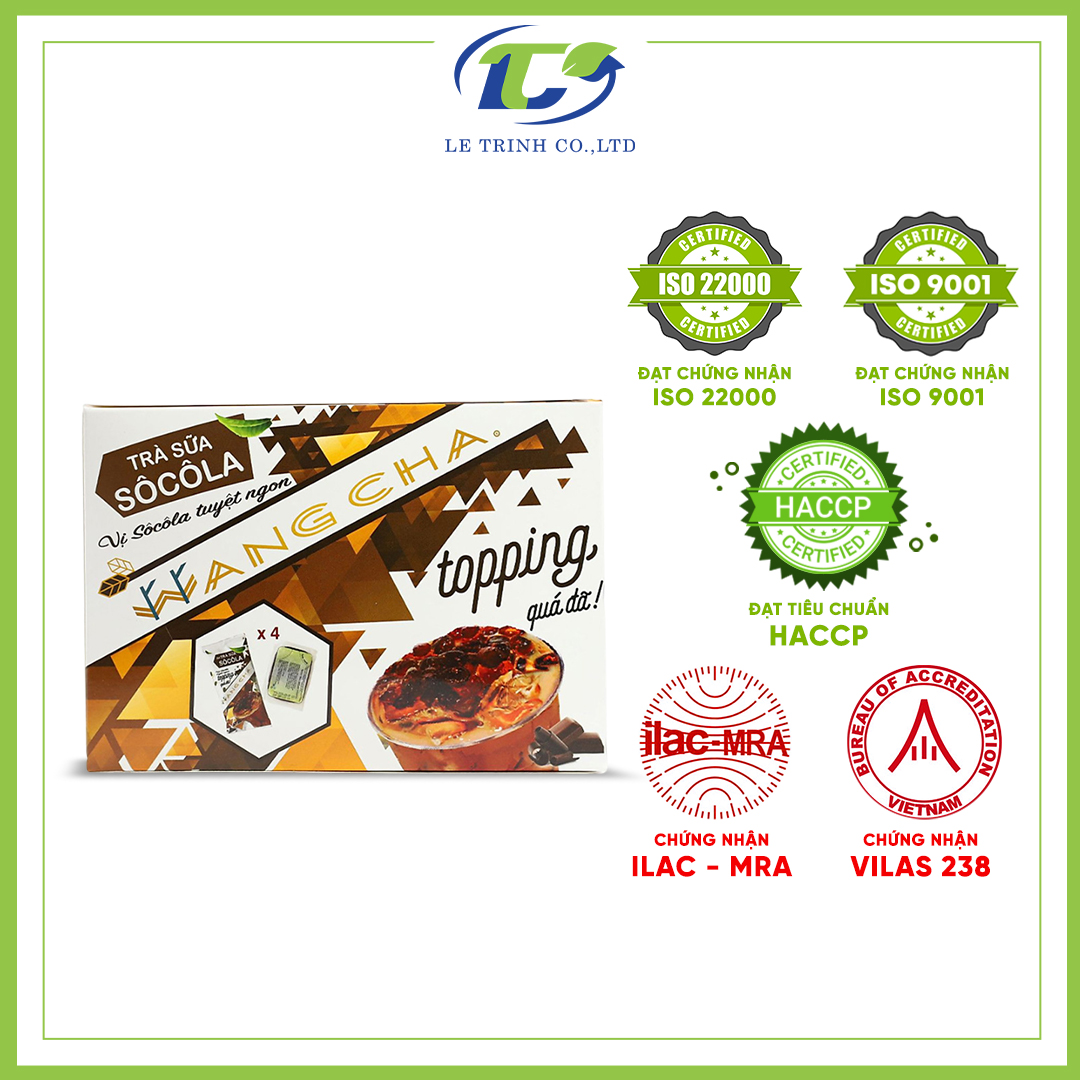 Hộp Trà Sữa Wangcha Vị Socola pha trà sữa tiện lợi kèm 4 túi thạch 3Q caramel - Bột Hòa Tan Trà Sữa Socola 4 gói và Thạch 3Q Caramel 4 gói thơm ngon đi kèm - Trà Sữa Vị Socola cao cấp, dễ sử dụng