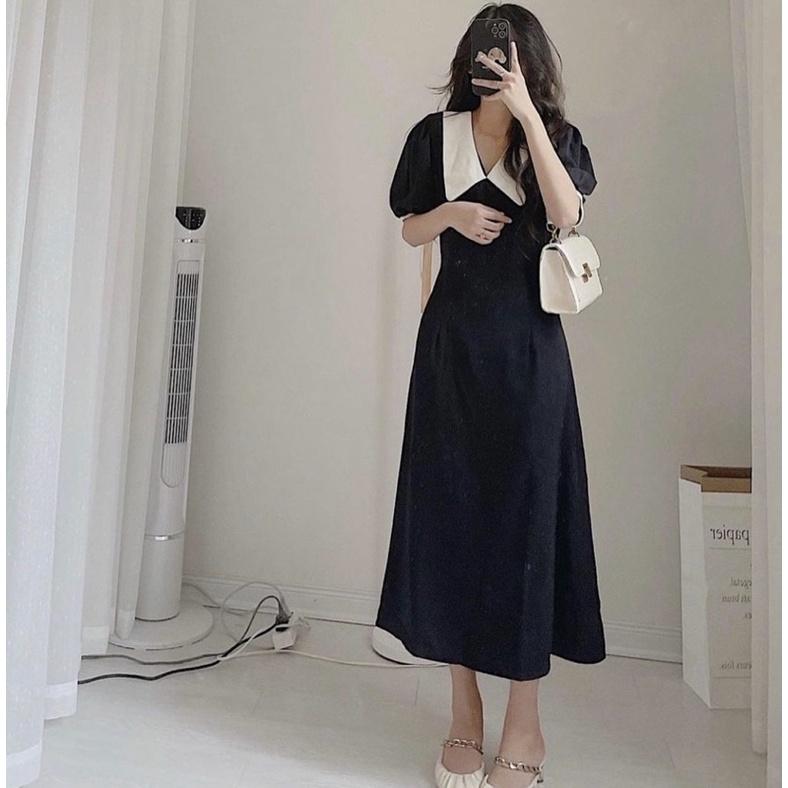 Đầm đen cổ trắng form dài