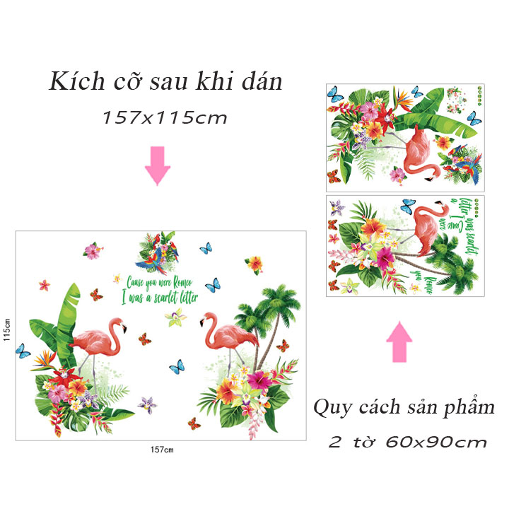 Decal dán tường chất liệu PVC loại 1 trang trí phòng khách- Đôi hạc lá xanh