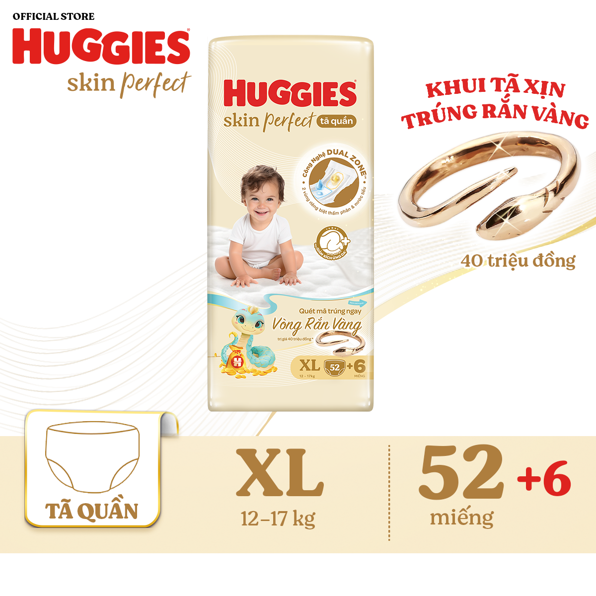 [Phiên bản Rắn vàng giới hạn] Tã quần Huggies Skin Perfect Super Jumbo XL52+6 với 2 vùng thấm giảm kích ứng da