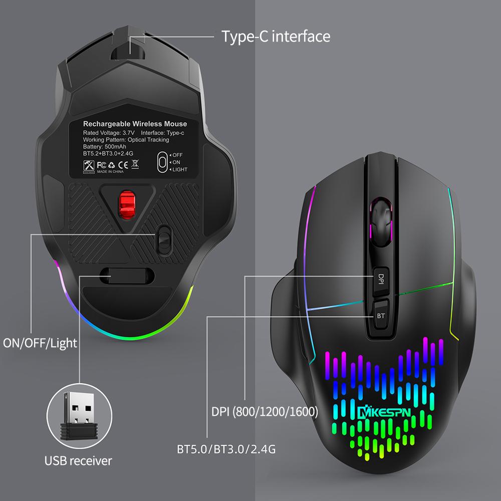 Black Mouse Wireless Mouse Rechargeable Triple-Mode Mouse Breathing Light 3 Adjustable DPI Levels Plug N Play