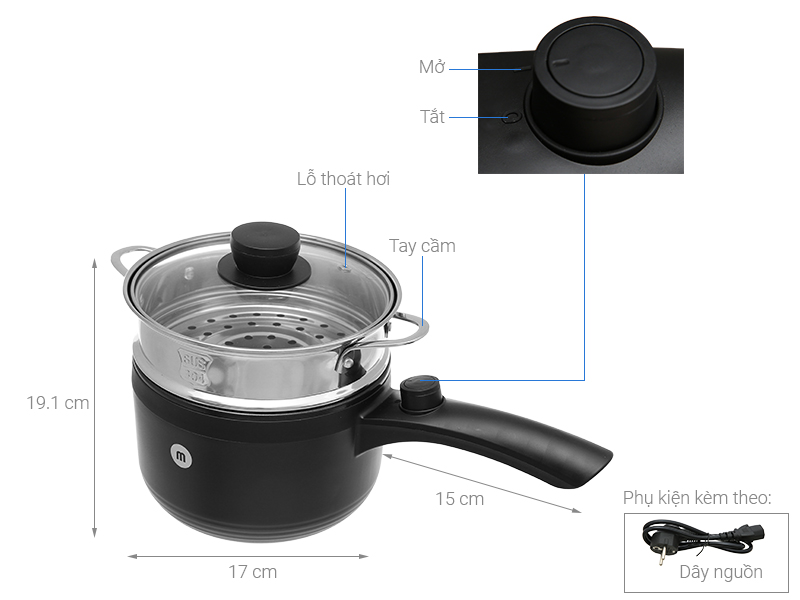 Nồi Nấu Đa Năng Mishio MK321 Dung Tích 1.5L Dành Cho 1-2 Người - Hàng Chính Hãng - Màu Đen