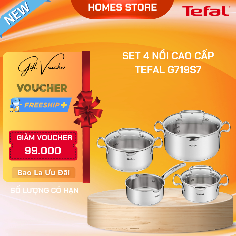Bộ Nồi 4 Sets TEFAL G719S7 Có Vạch Chia - Nhập Khẩu Đức Chất Liệu Thép Không Gỉ Dùng Cho Mọi Loại Bếp Bền Gấp 6 Lần Chảo Thường - Hàng Nhập Khẩu