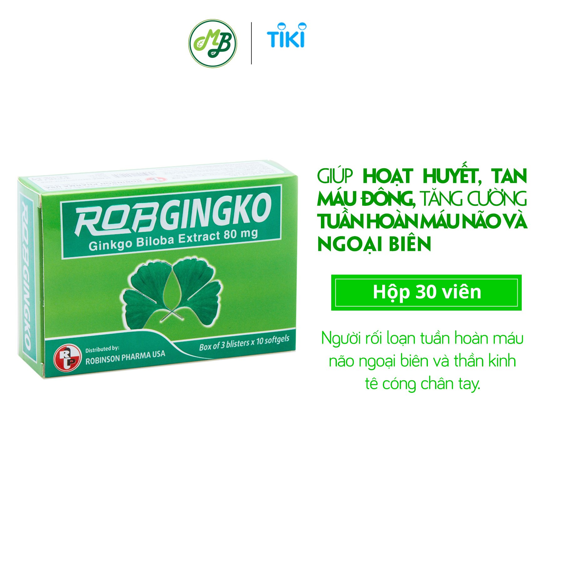 Thực phẩm chức năng hỗ trợ tuần hoàn não Robgingko – Robinson Pharma Usa - Hộp 30 viên
