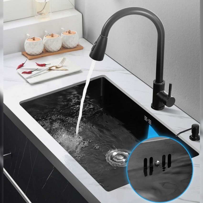 Chậu rửa bát 1 hố cỡ lớn Kích thước 75x45cm inox 304 phủ nano đen chống bám bẩn