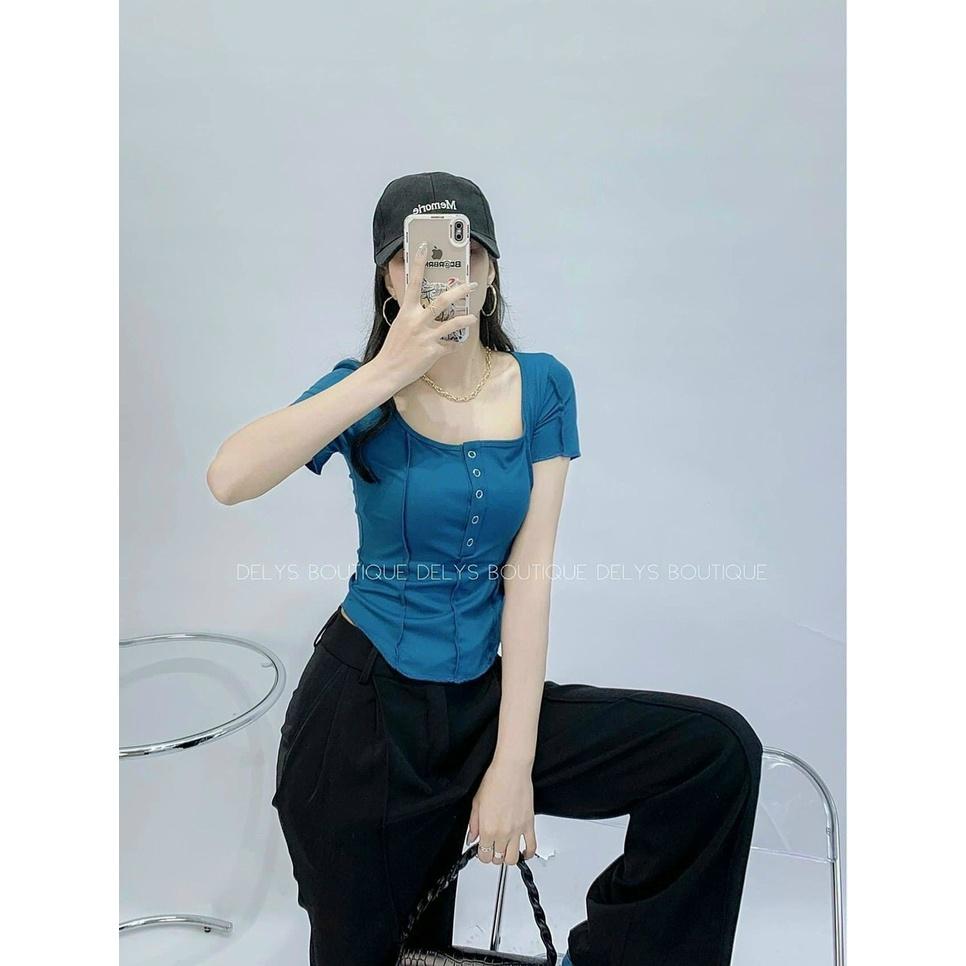 Áo kiểu nữ cổ vuông cài nút tay ngắn