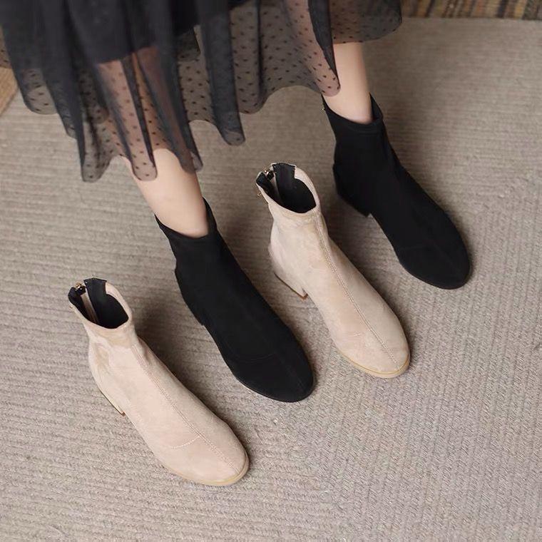Giày Bốt Martin Mỏng Gót Dày Mũi Tròn Có Dây Kéo Sau Lưng Thời Trang Mới 2022 Cho Nữ