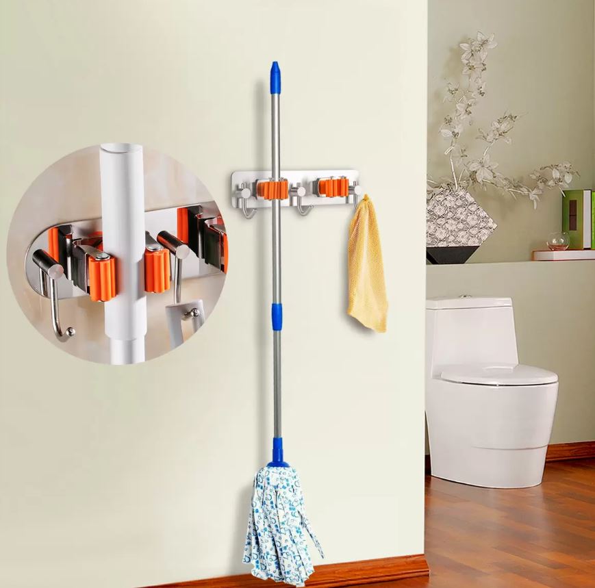 Móc treo cán chổi Hobby Home Decor 3MT2C dán tường - có 3 móc và 2 ngàm giữ chổi không rỉ sét