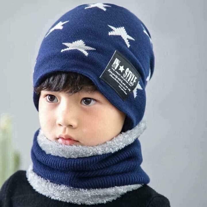 Mũ len ngôi sao kèm khăn ống quàng cổ cho bé trai và bé gái từ 2 - 8 tuổi , 2 lớp dày dặn giữ ấm vùng đầu , vùng tai và còn có khăn bảo vệ cả cổ bé trong thời tiết giá lạnh của mùa đông  