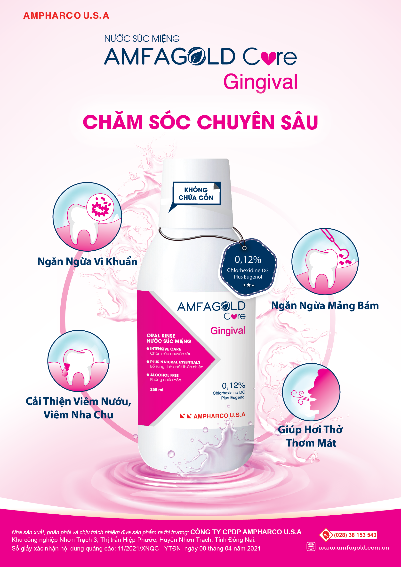 Nước Súc Miệng Chuyên Sâu Amfagold Care Gingival 0.12% Chlorhexedine giúp làm sạch và ngăn ngừa mảng bám răng và sự phát triển của vi khuẩn Cải thiện tình trạng viêm nướu, viêm nha chu 250ml