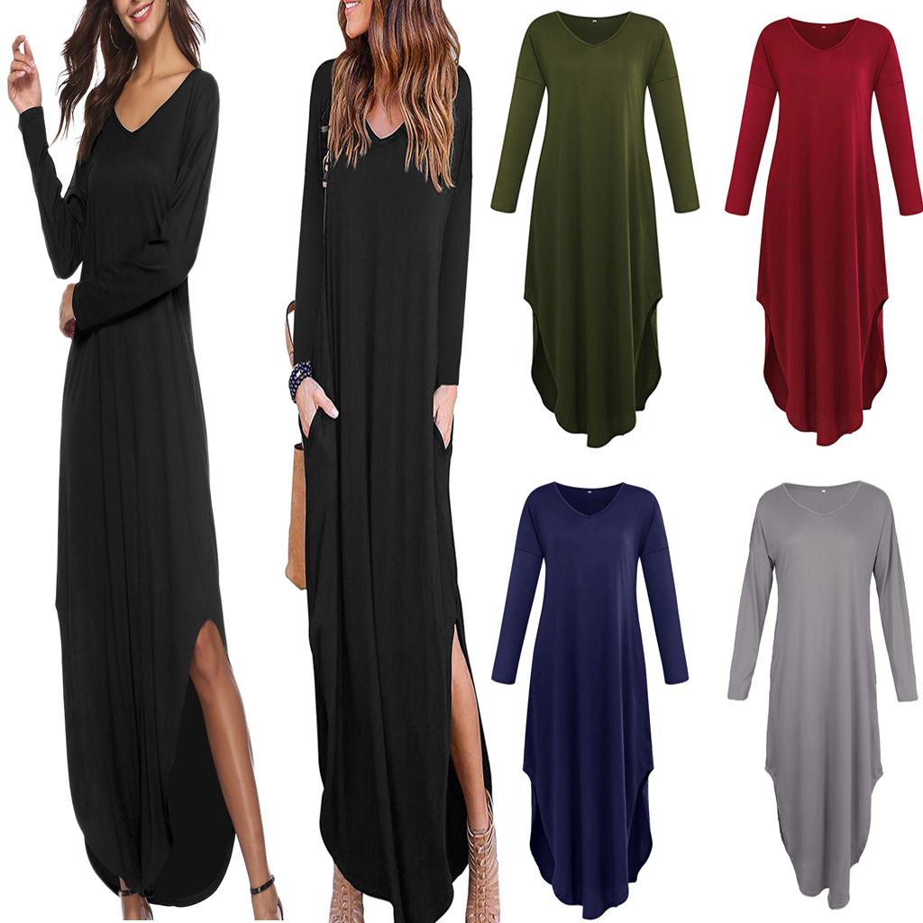 Women's V Neck Long Sleeve Side Pocket Split Beach Loose Long Maxi Dress