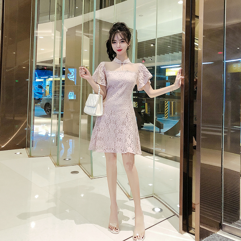 Hình ảnh Hàng Quảng Châu - Đầm xòe ren hoa cổ tàu màu hồng siêu dễ thương - d66191