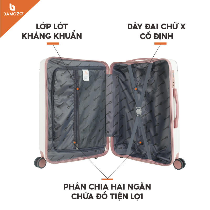 Vali du lịch BAMOZO 8809 MÀU TRẮNG size 20/24/28 , vali nhựa kéo bảo hành 5 năm