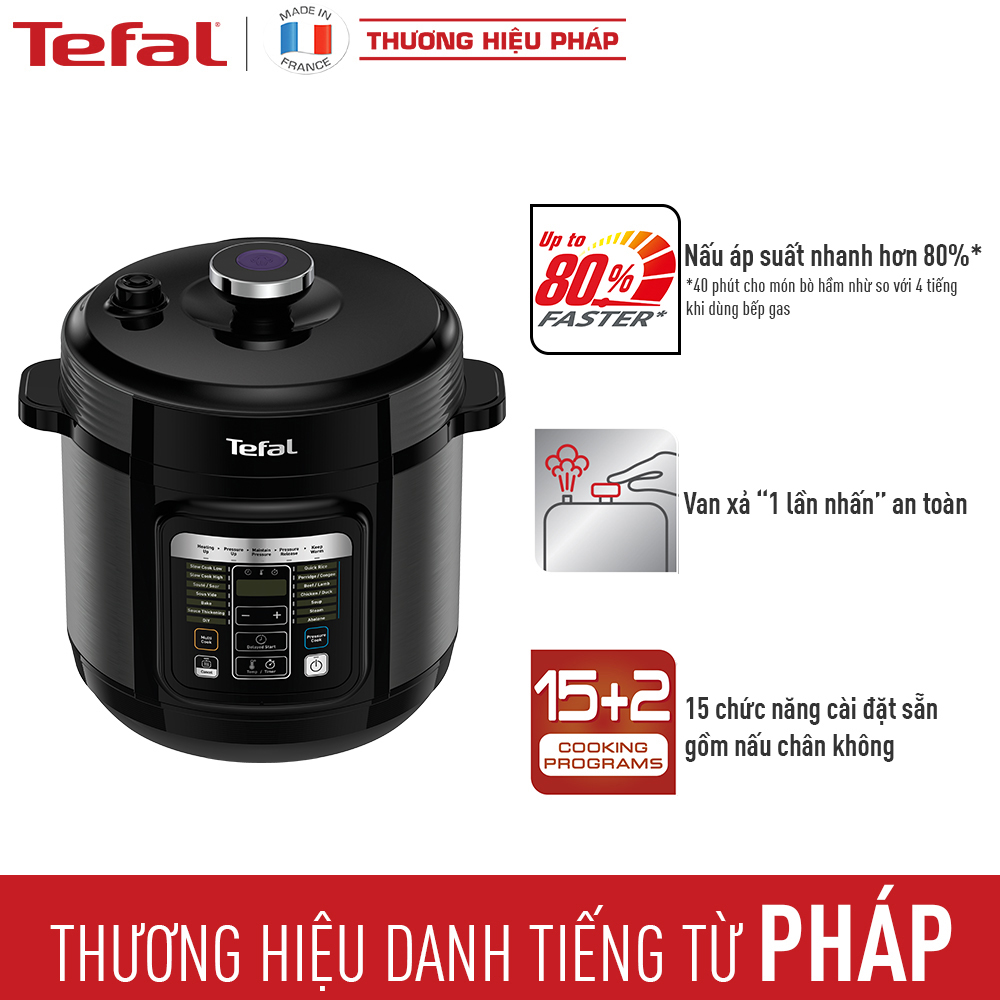 [Nhập CECAMP30KD1 giảm 30K] Nồi áp suất điện đa năng 6L Tefal CY601868 - Lòng nồi hợp kim nhôm chống dính - Van xả áp tự động - 15 chức năng nấu tự động -Hàng chính hãng