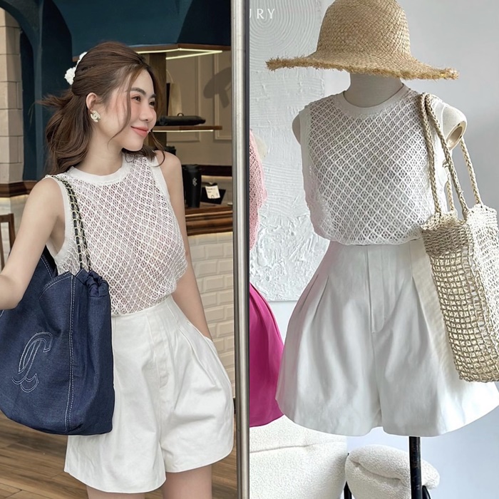 SET ÁO LƯỚI SÁT NÁCH MÀU PASTEL XUYÊN THẤU + QUẦN GIẢ VÁY NGẮN SHORTS ỐNG RỘNG LƯNG CAO ĐI CHƠI TIỆC DẠO PHỐ ĐI BIỂN ĐI LÀM CÔNG SỞ