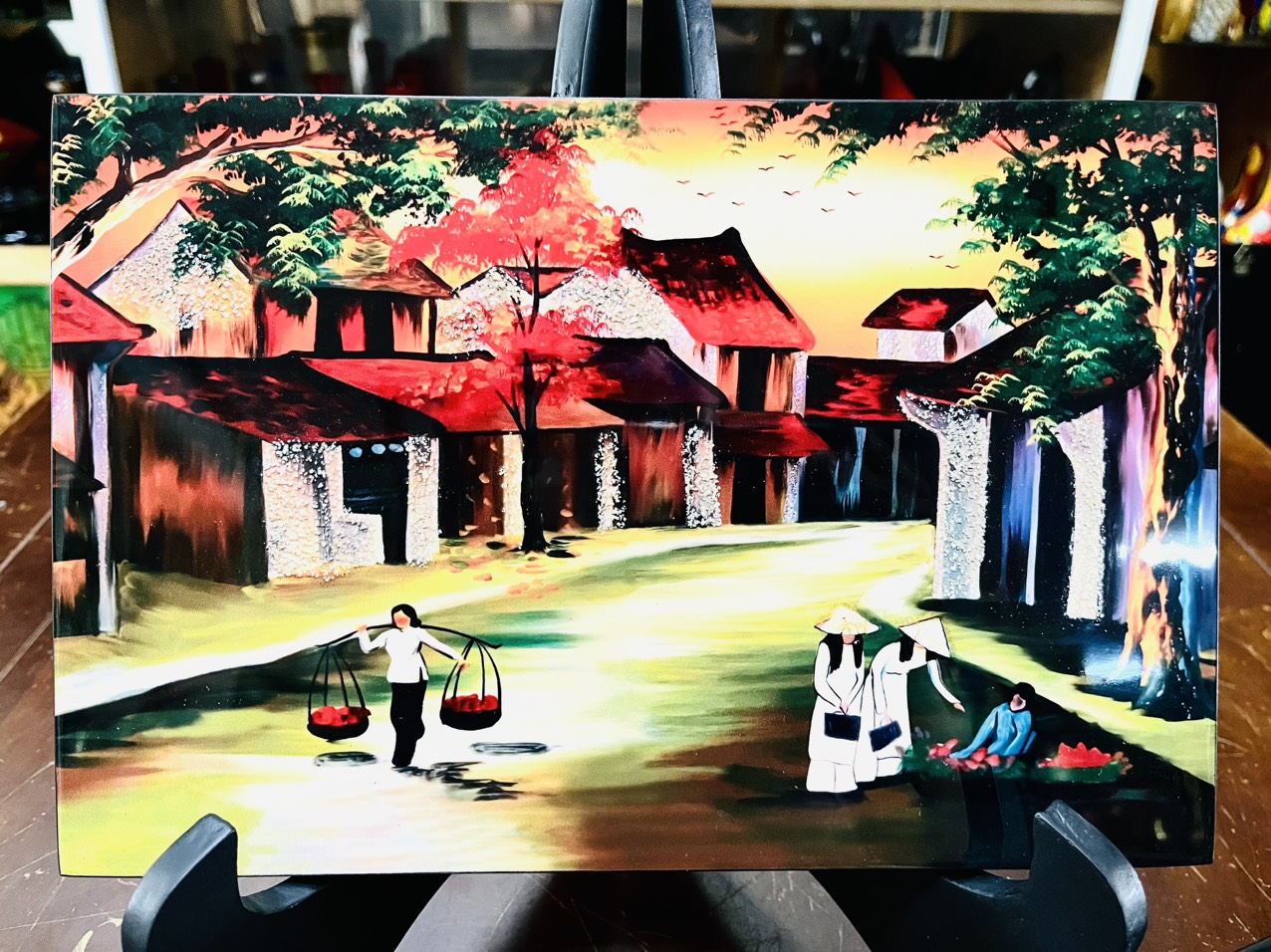 Tranh sơn mài phố cổ vẽ màu cẩn trứng đẹp Thanh Bình Lê size 20x30 cm