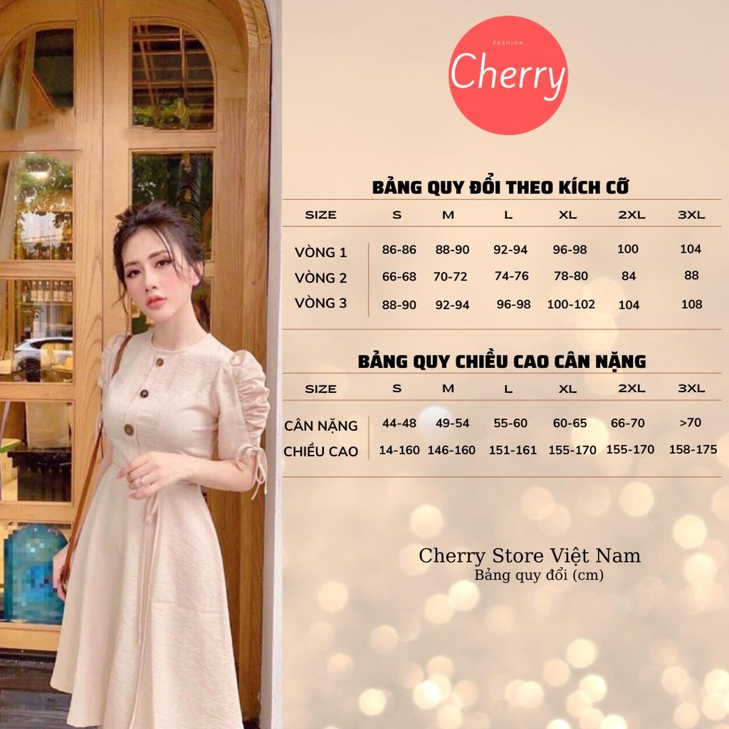 Đầm nữ công sở dáng xòe nhúm tay, váy thiết kế liền thân đính cúc ngực áo Cherry Store V002