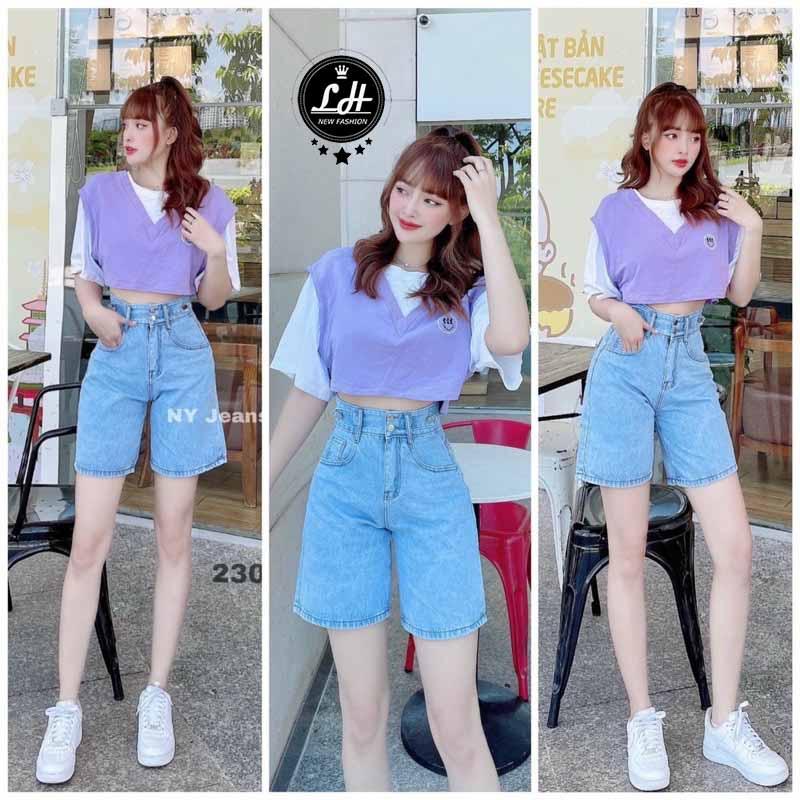 Quần jean ngố ống rộng, siêu cao, lưng cách điệu Lê huy fashion Ms 230