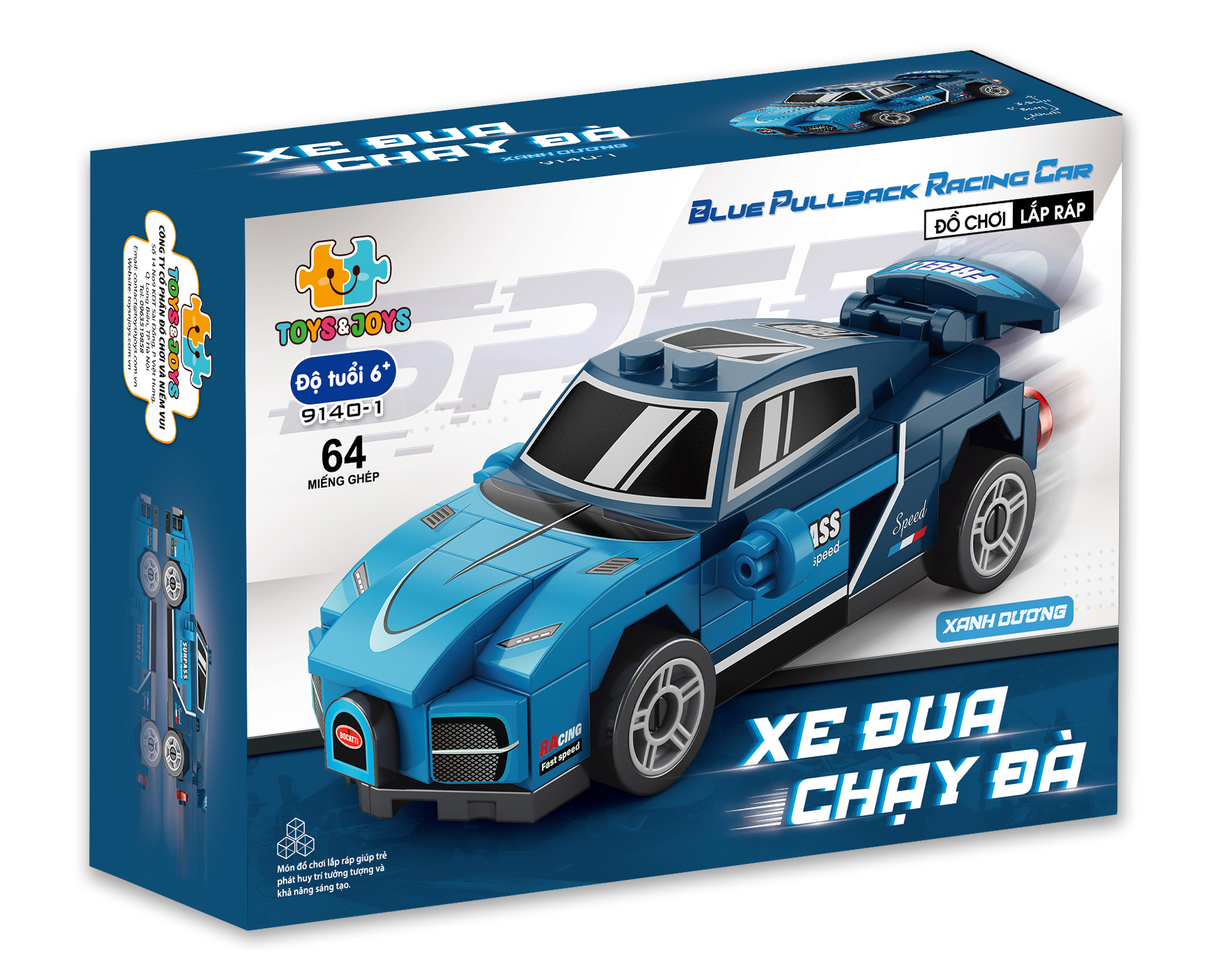 Đồ Chơi Lắp Ráp Xe Đua Chạy Đà - Xanh Dương - Blue Pullback Racing Car - Toys&amp;Joys 9140-1 (64 Mảnh Ghép)