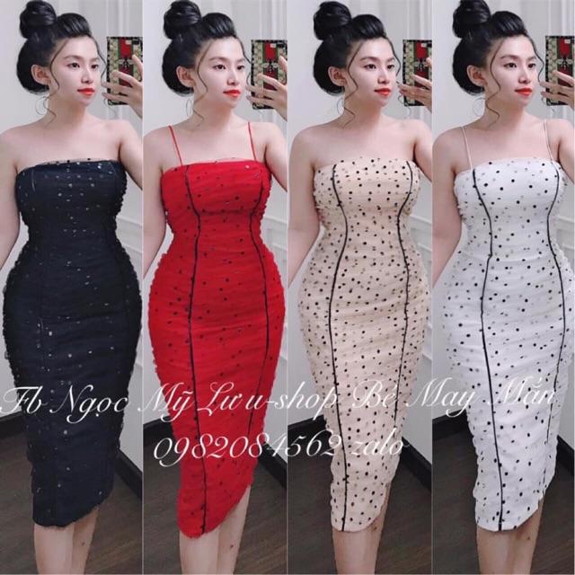 Đầm Body 2 Dây Cúp Ngực Phối Voan Chấm Bi - Hàng Thiết Kế