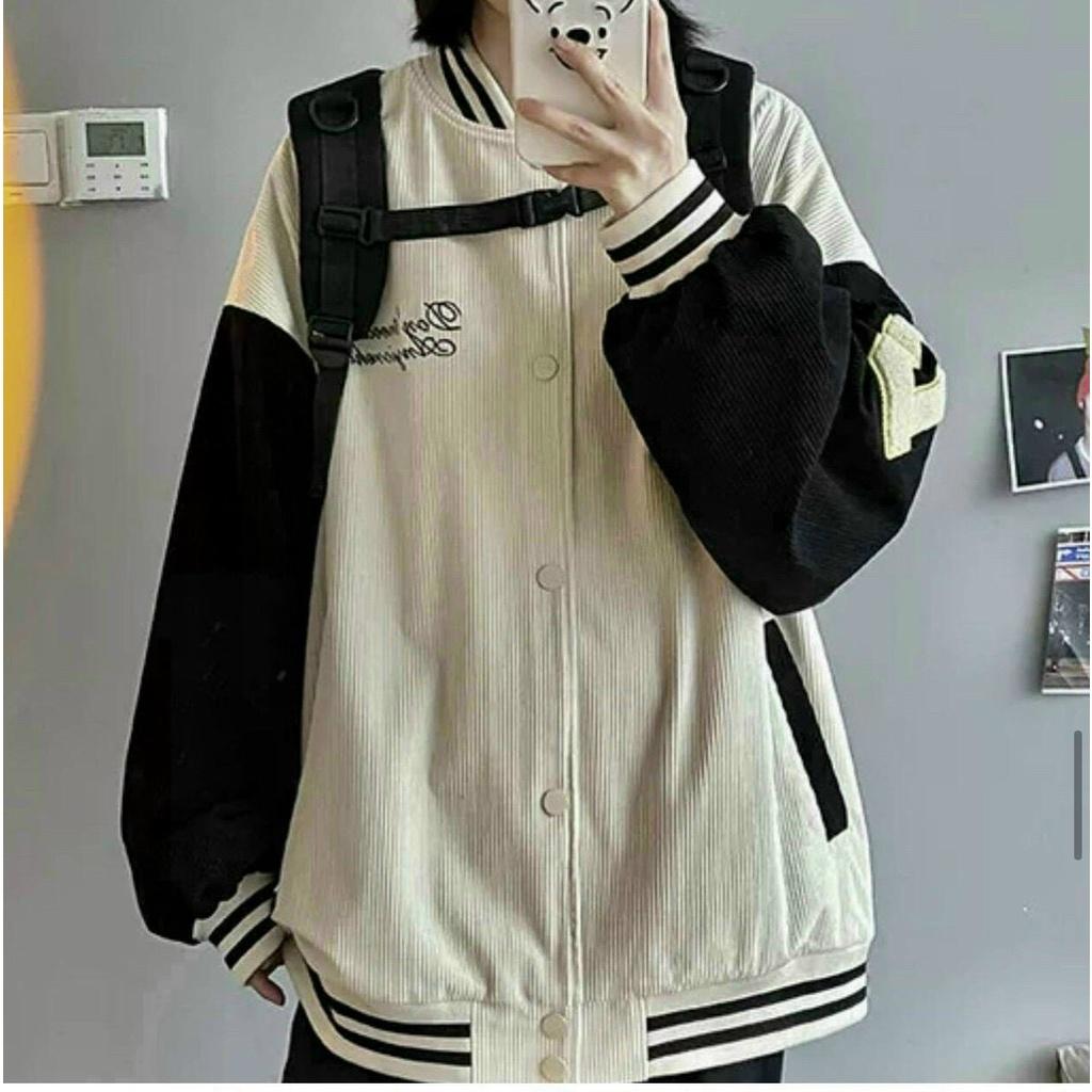 Áo khoác Bomber bóng chày dáng rộng nhung