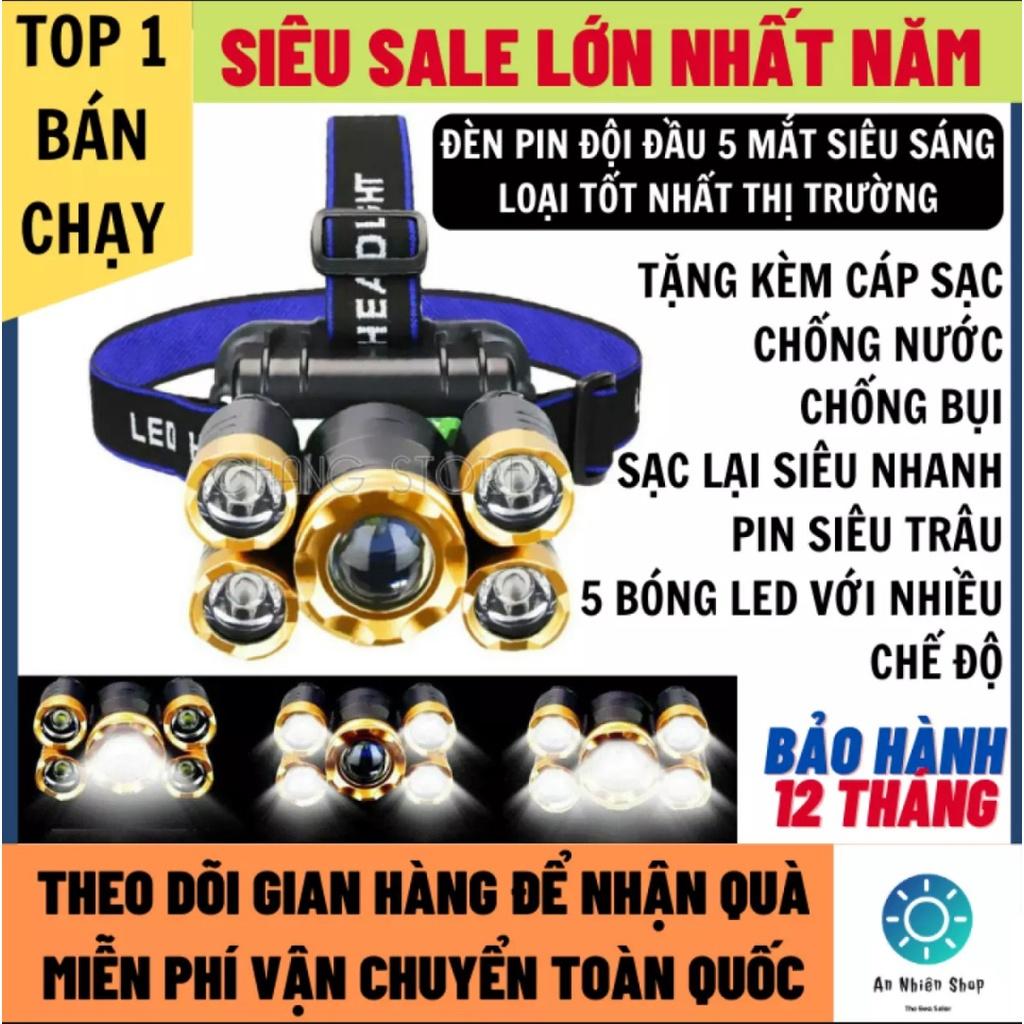 Đèn Pin Đội Đầu 5 LED Siêu Sâng Sạc USB Có Pin 18650 chống nước Siêu bền hàng cao câp