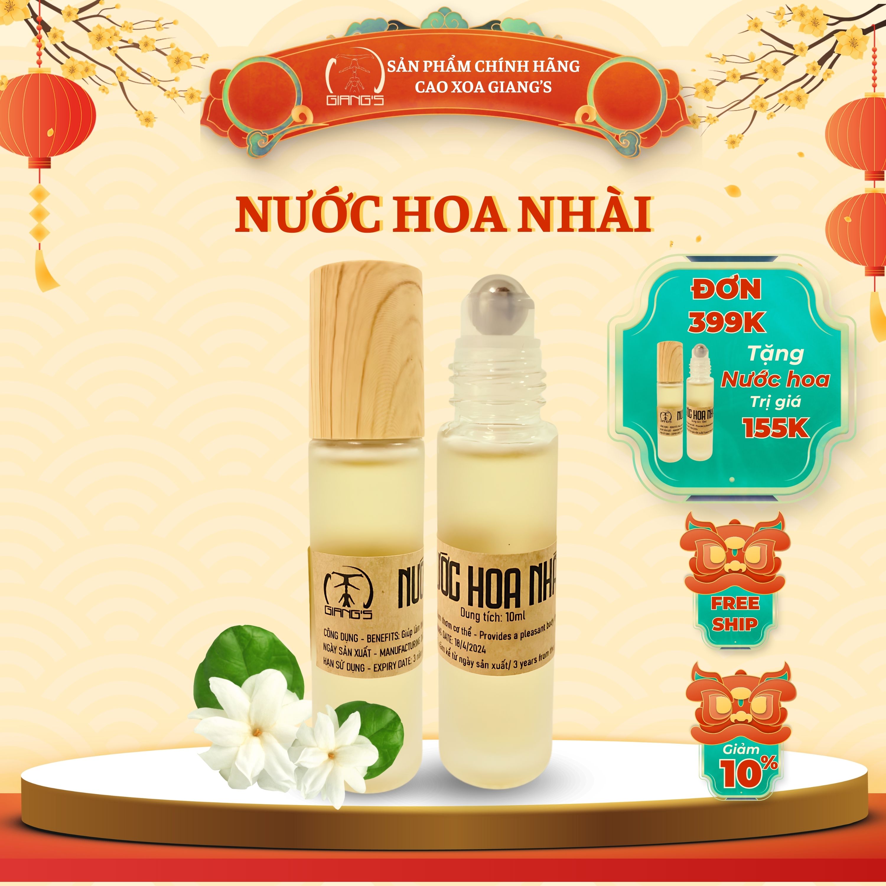 Nước hoa nhài GIANG'S đầu bi lăn chai 10ml - Hương thơm nhẹ nhàng tinh tế sang trọng