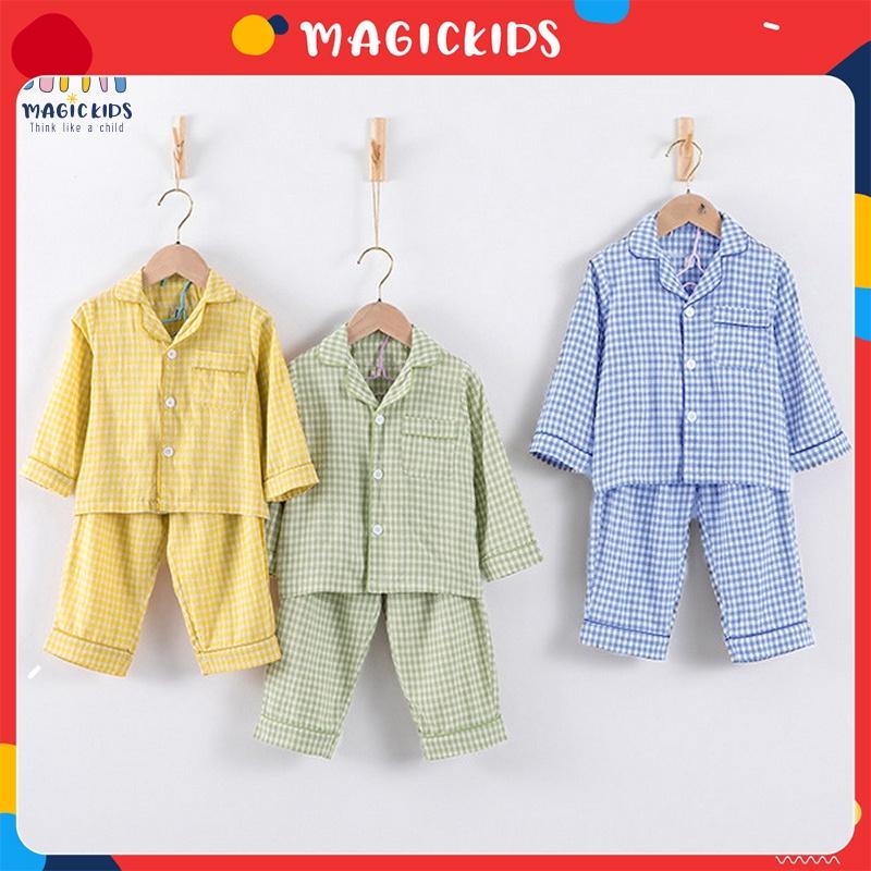 Đồ bộ dài tay pijama bé trai, bé gái Magickids kẻ caro dễ thương chất kẻ xốp Hàn Quốc Đồ ngủ mẫu mới 2022 BR22028