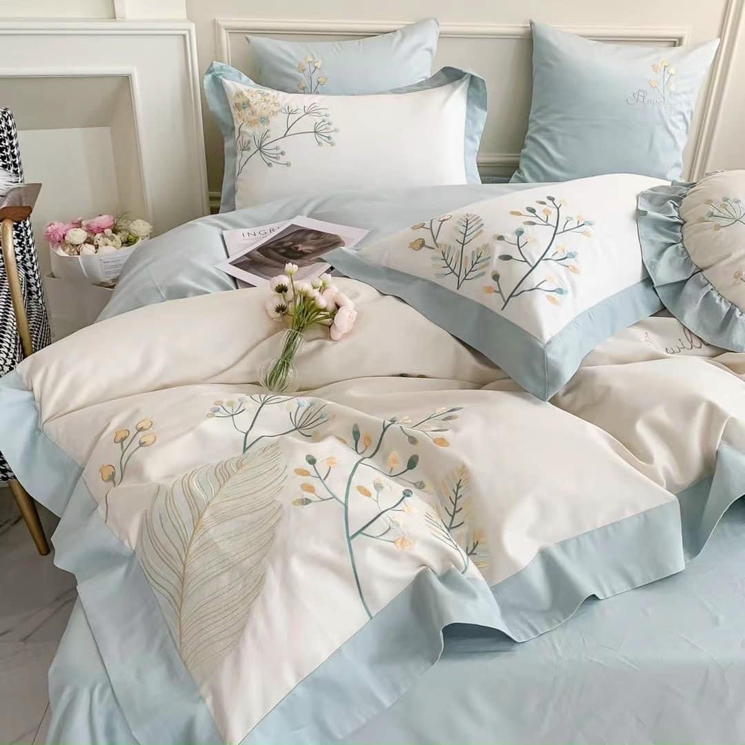 Bộ Chăn Ga Gối Đệm 5 Món Chăn Phao Lụa Sateen 80s Hin Home Bedding Drap Giường Cao Cấp