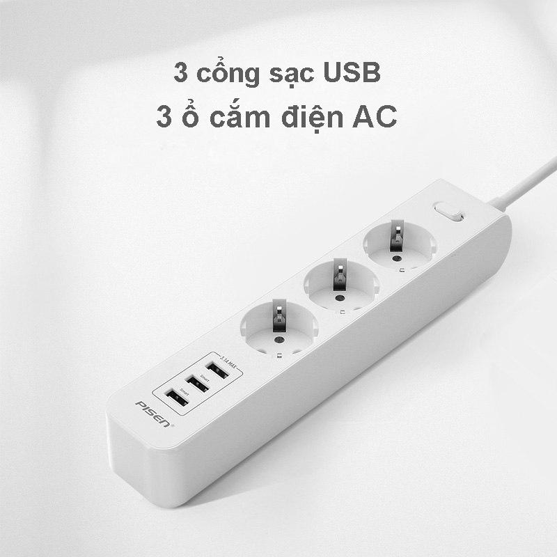 Ổ Cắm Điện Thông Minh 3 Ổ Cắm AC - Pisen 303-EP - Màu Đen
