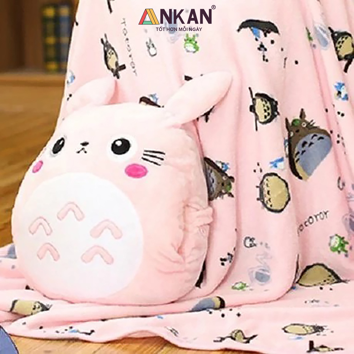 Bộ Chăn Gối Văn Phòng 3 Trong 1 Hình Thỏ Xám Và Thỏ Hồng TOTORO Xinh Đẹp