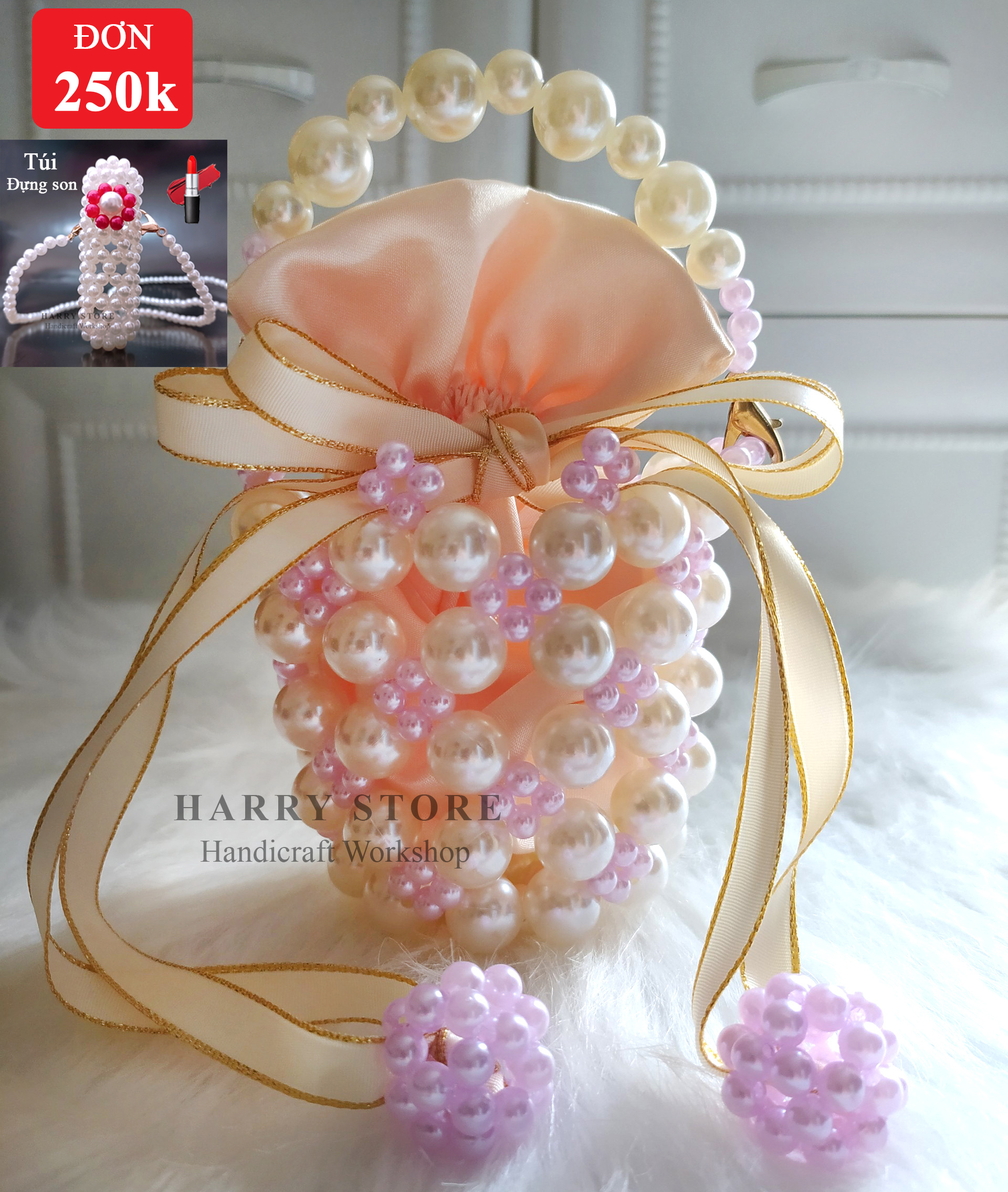 [BH 1 tháng] Túi handmade tự đan ngọc trai HRRB-T size M, Túi xách cho nữ đi chơi/ dự tiệc/ công sở