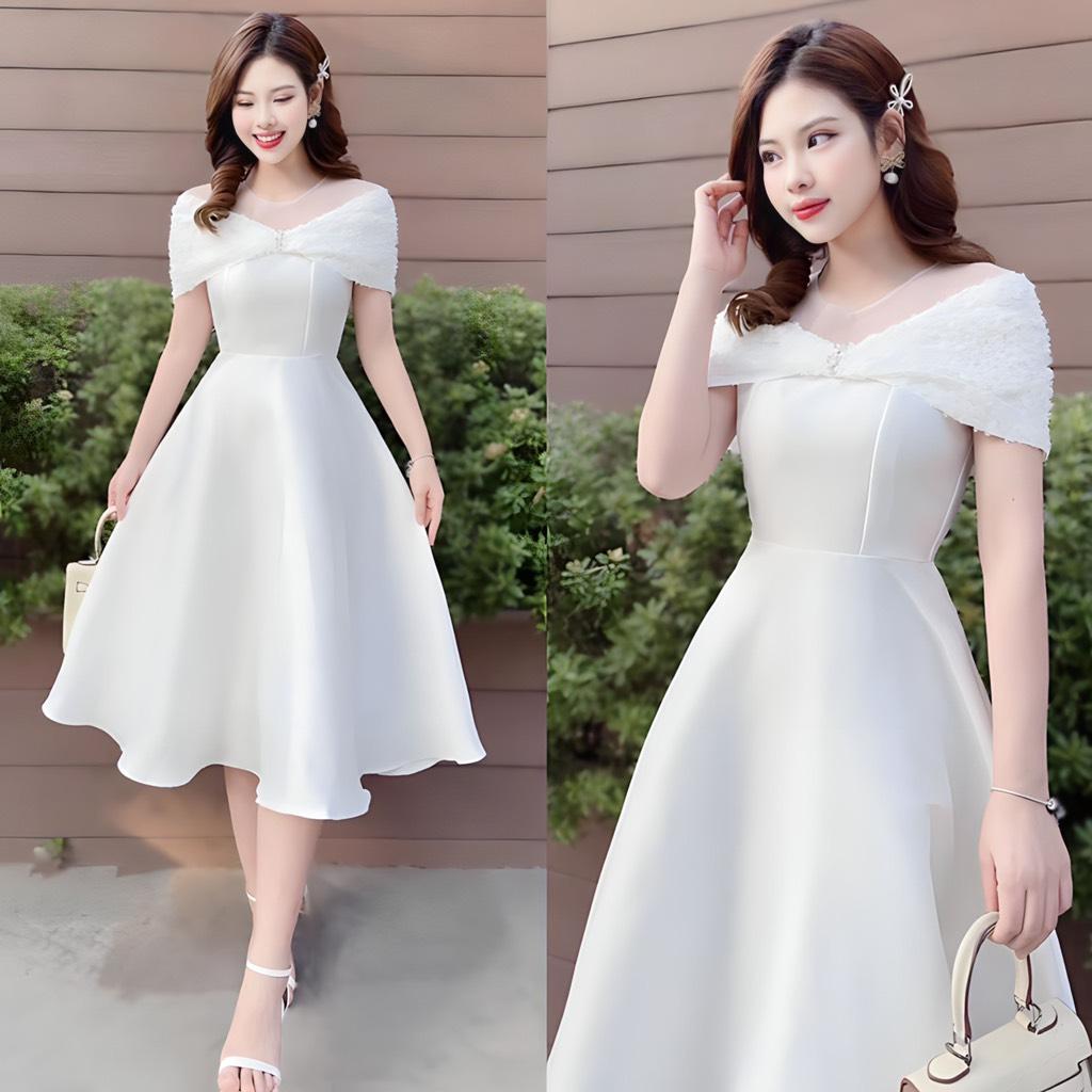 Đầm xòe nơ trễ vai phối lưới