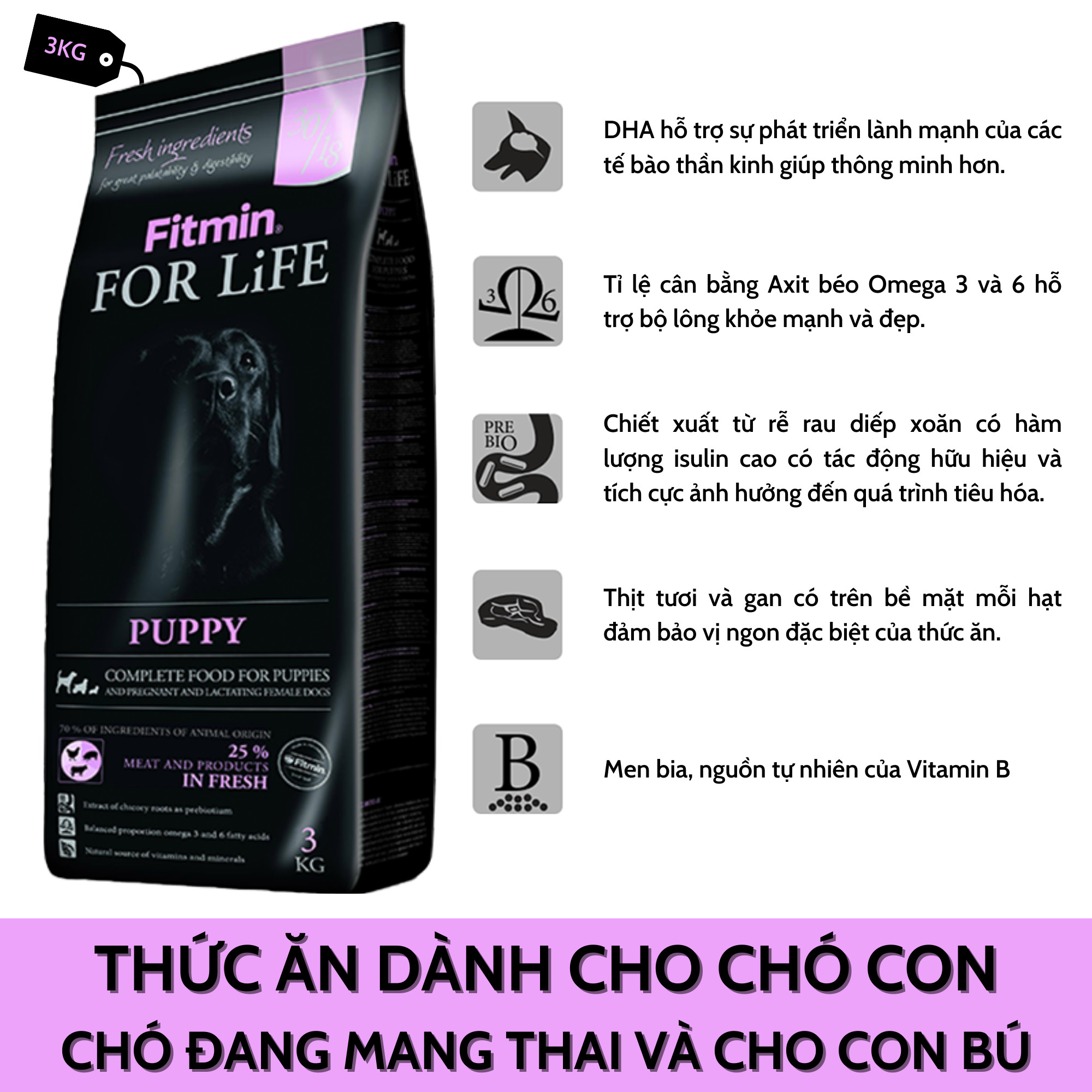 Thức Ăn Hảo Hạng Có Hơn 30% Thịt Tươi Dành Cho Chó Nhỏ, Chó Mang Thai Và Cho Con Bú Tất Cả Các Giống Fitmin Dog For Life Puppy All Breeds 3KG - TẶNG 1 Lon Pate Tươi Hello Dog Chicken Pate 190G