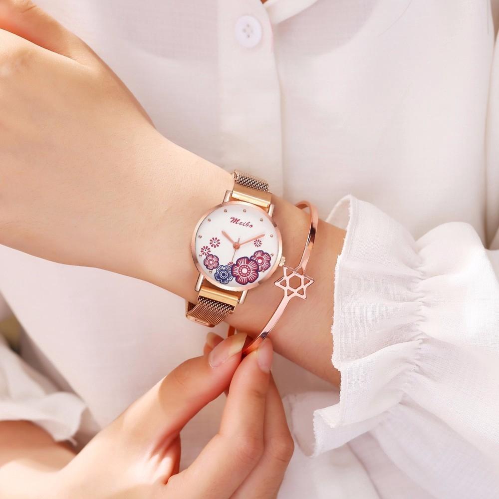 Đồng hồ đeo tay họa tiết hoa dây đeo thép không gỉ thời trang dành cho nữ