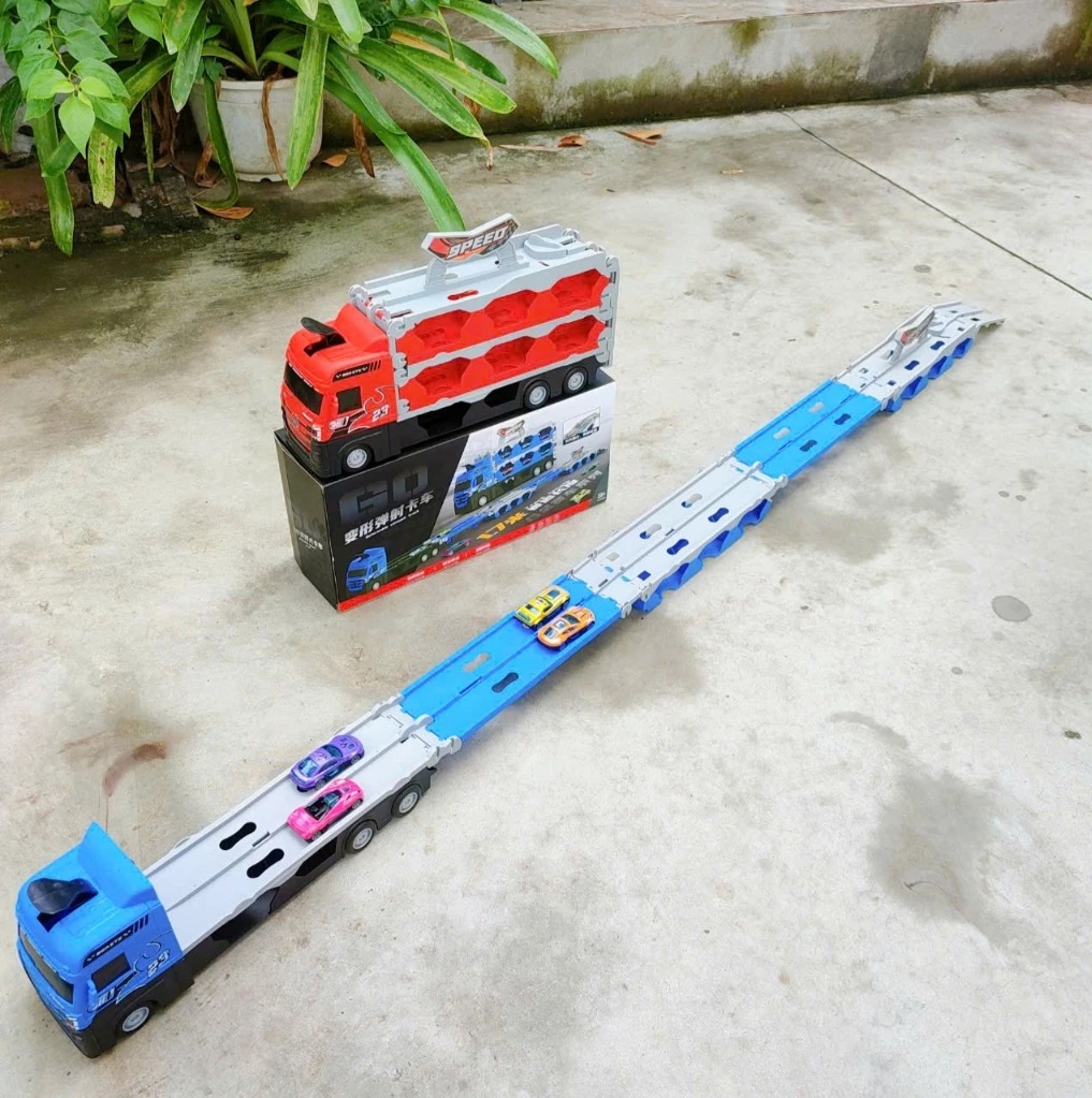 Ô tô đồ chơi BK TOTECH hình xe tải 3 tầng kèm 4 xe đua nhỏ mô hình đường đua xe dài 1,65m có thể gấp gọn cho bé