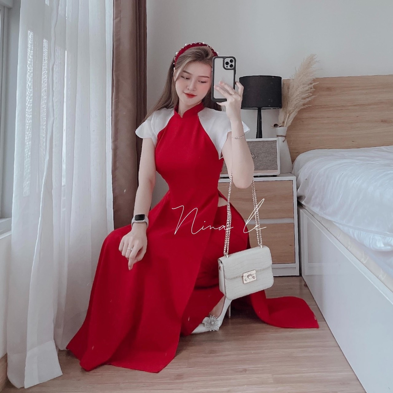 SET ÁO DÀI NỮ ĐỎ PHỐI TAY TƠ TRẮNG SETN699
