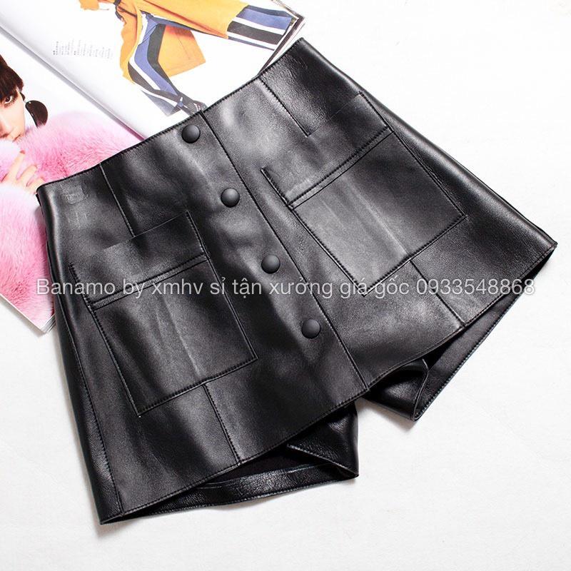 Quần váy da phối khuy 2 túi trước màu đen nâu thời trang Banamo Fashion 696