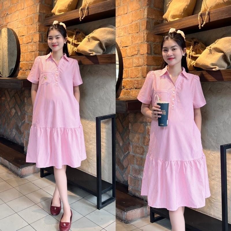 Đầm Bầu Công Sở Cổ Sơ Mi Phối Túi Thêu Phom Đuôi Cá Dễ Thương - Xanh sọc