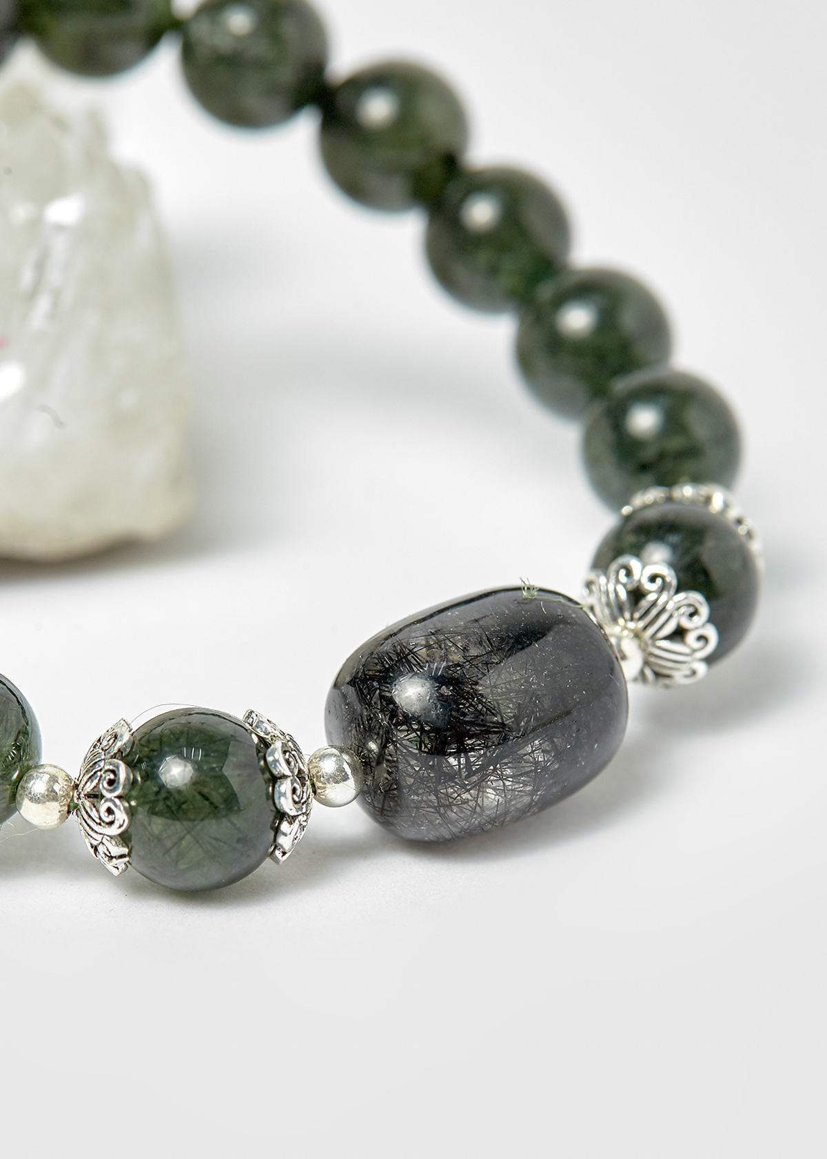 Vòng thạch anh tóc xanh phối charm bạc hạt 8mm mệnh hỏa, mộc - Ngọc Quý Gemstones