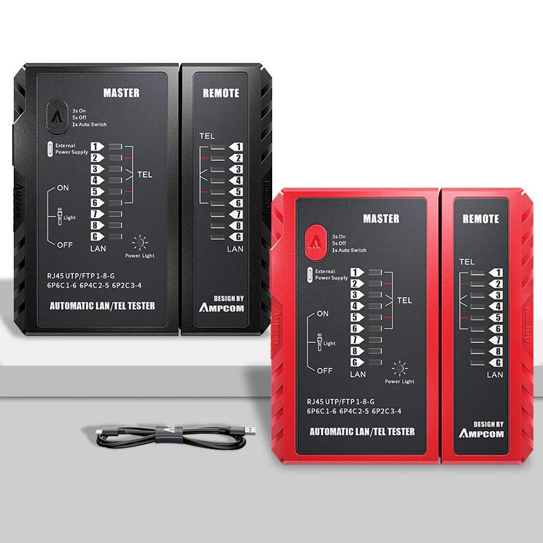 Bộ test mạng AMPCOM, màu đỏ/đen có cáp sạc USB Type C - AMBKZRJ4511