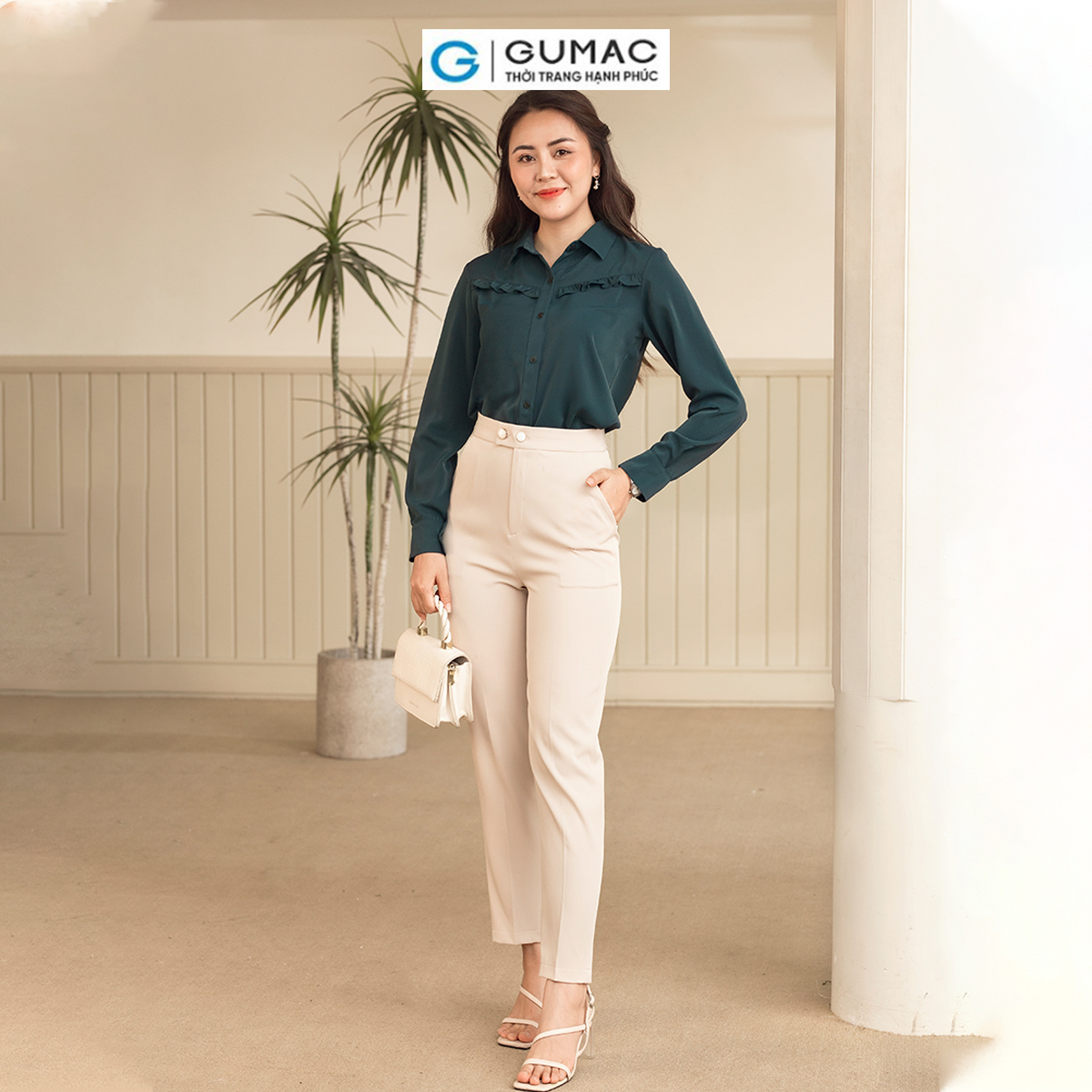 Áo sơ mi nữ tay dài phối bèo tạo kiểu nữ tính thanh lịch thời trang GUMAC AD06010