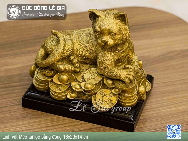 Linh vật mèo tài lộc bằng đồng 16x20x14cm