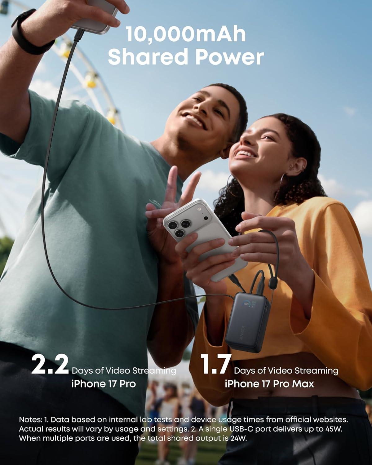 Sạc dự phòng Anker Nano 2C1A 45W 10000mah (Built-In Retractable USB-C Cable) Đen (Black) A1638 - Hàng Chính Hãng