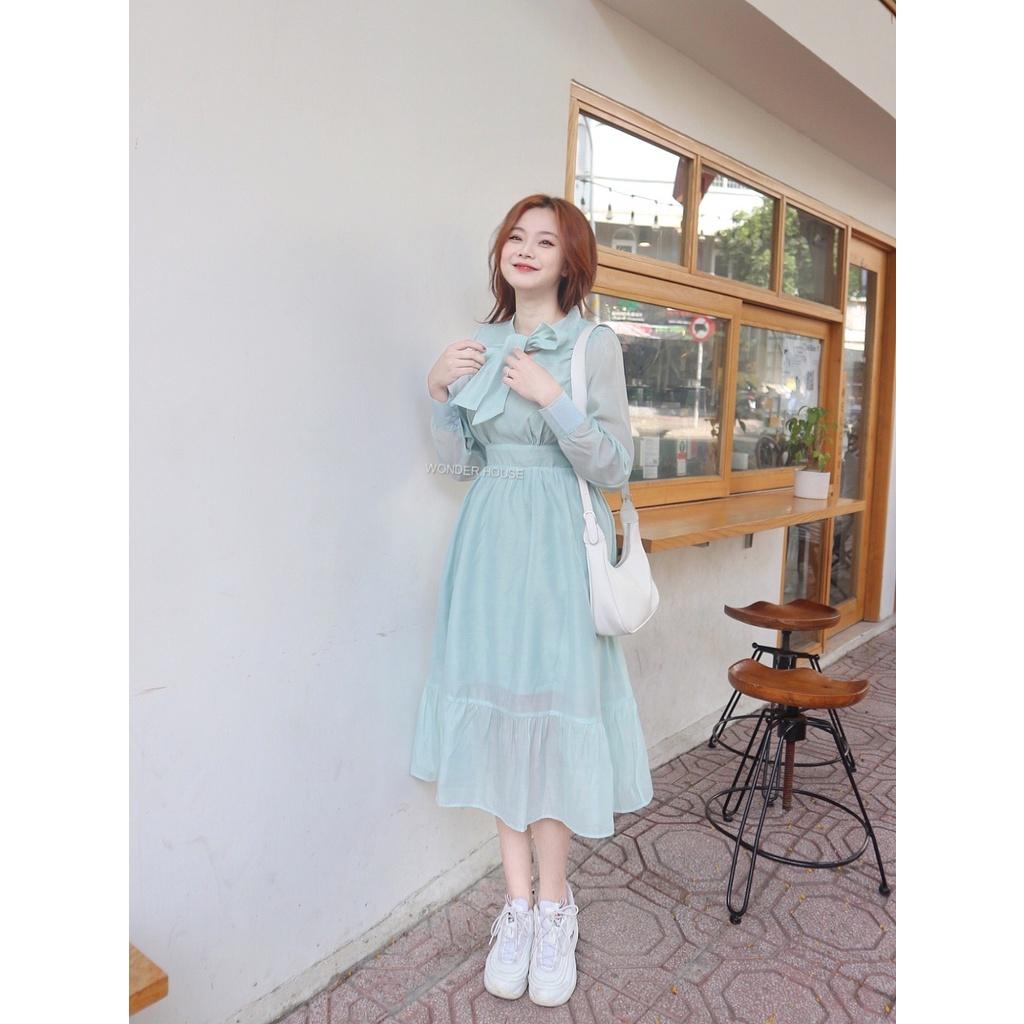 Đầm thiết kế WONDERHOUSE cổ thắt nơ tay dài công sở, dự tiệc chất liệu lụa sang chảnh - Kelly Dress