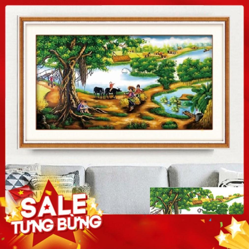 TRANH THÊU CHỮ THẬP CÂY ĐA LÀNG TRANH CHƯA THÊU LV3013