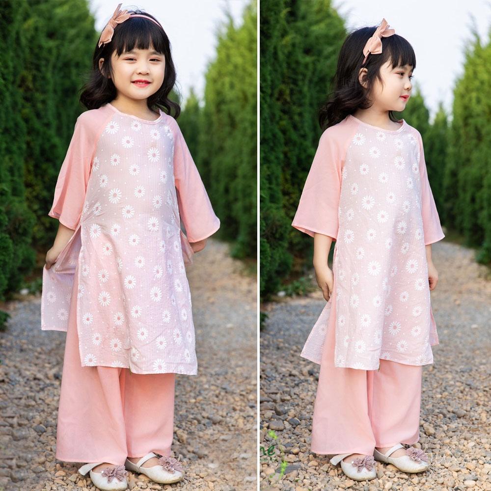 Set áo dài bé gái in hình cúc họa mi xinh xắn áo kèm quần lụa xinh xắn MamLa