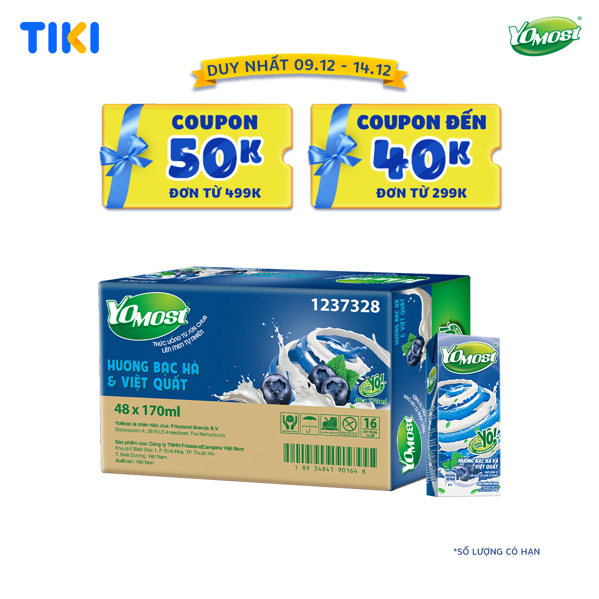 Thùng 48 Hộp Sữa Chua Lên Men Tự Nhiên Yomost Bạc Hà - Việt Quất
